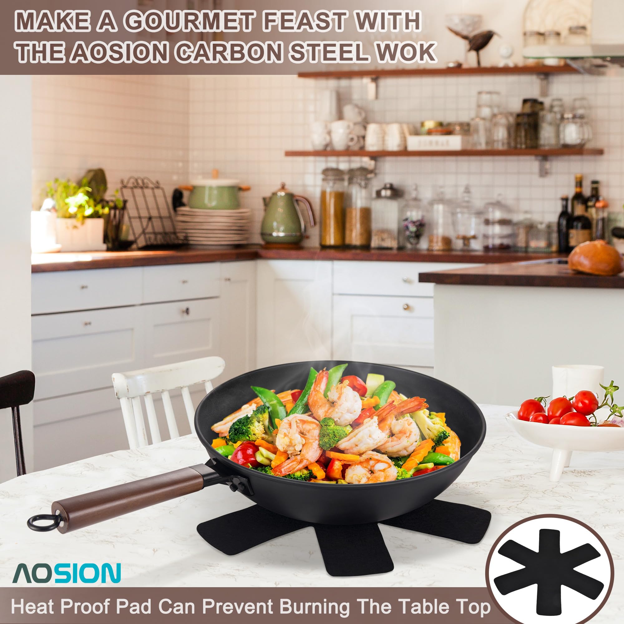 AOSION all stove compatible wok ideal for pan frying or steaming