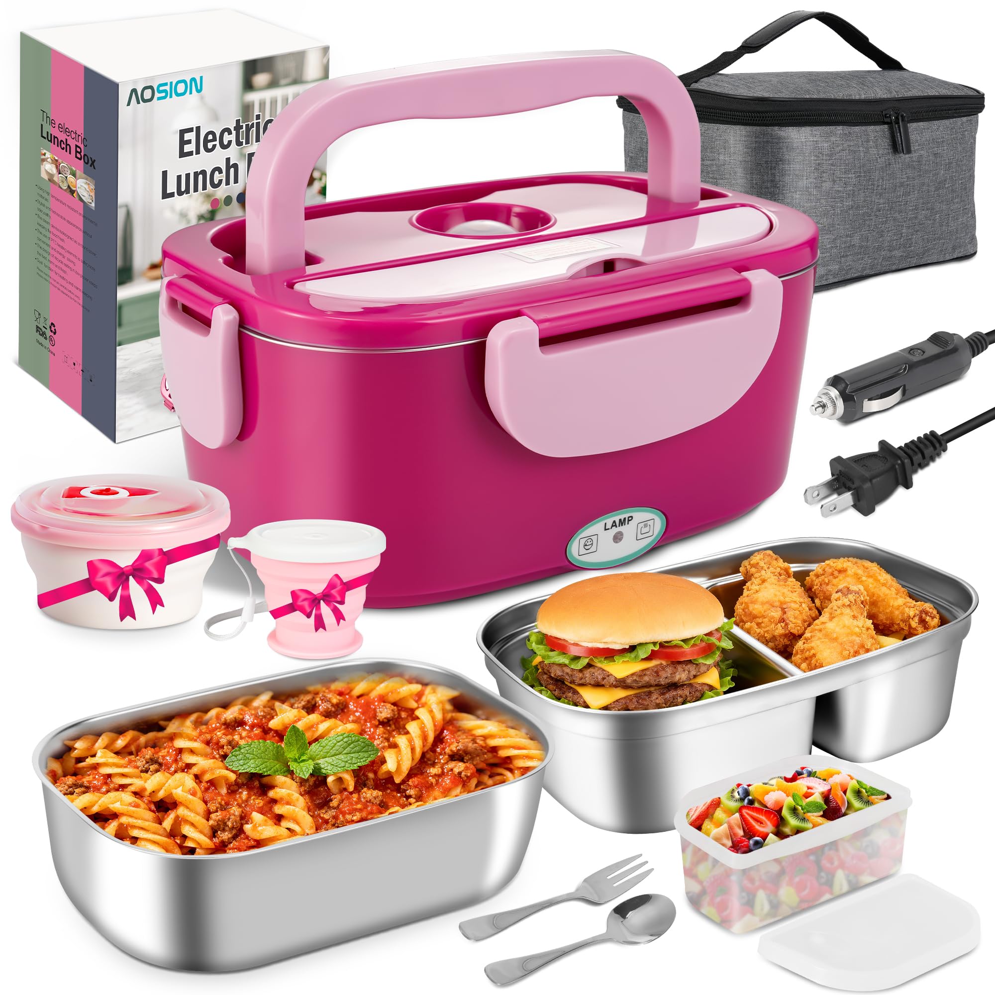AOSION electric lunch box pink set, ideal for hot meals on the go.