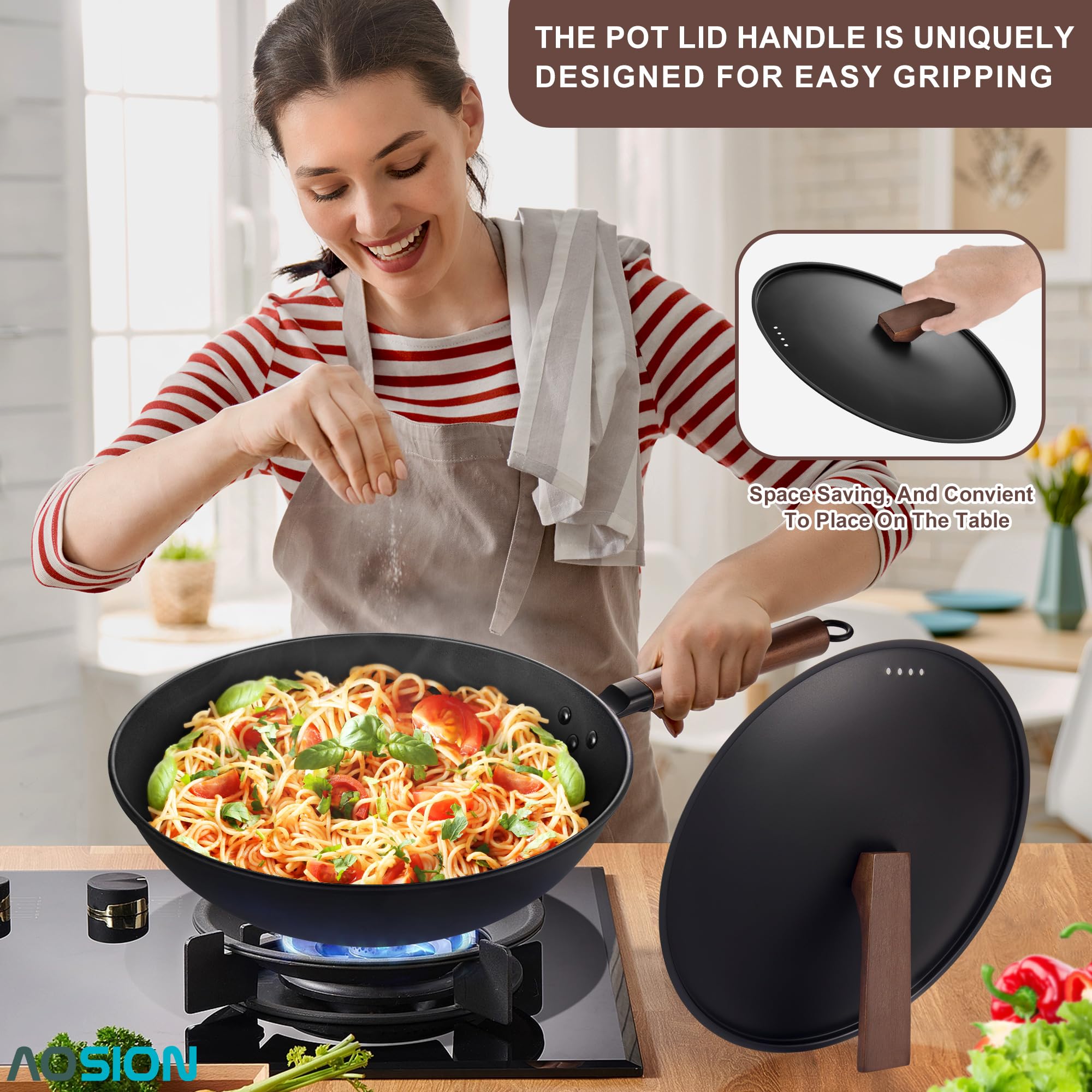 AOSION pre-seasoned nonstick wok preserves flavors and eases cleaning