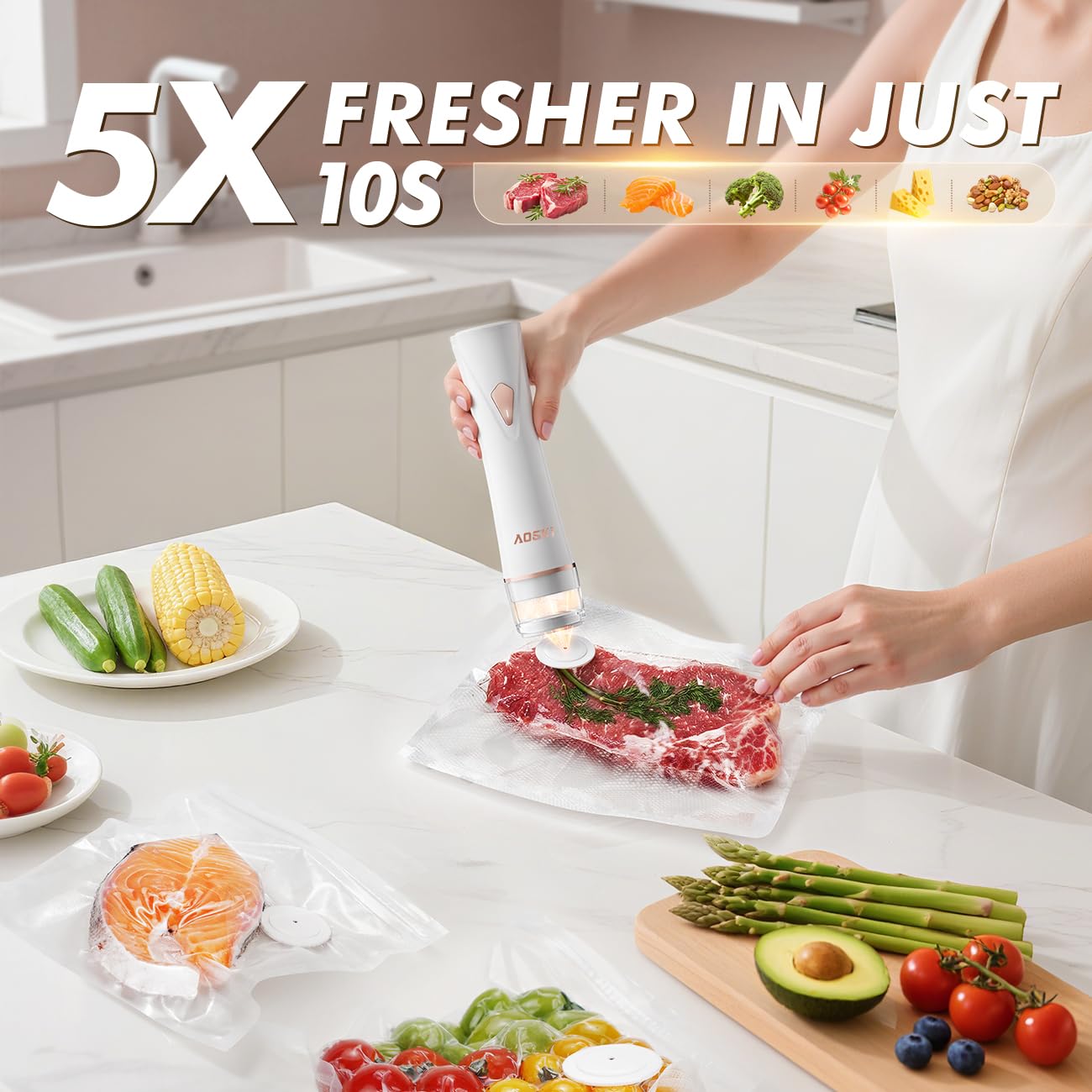 AOSKI sealer delivers 60kPa suction power for fast sealing.