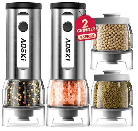 AOSKI electric grinder set with two grinders and four jars for versatile spice prep