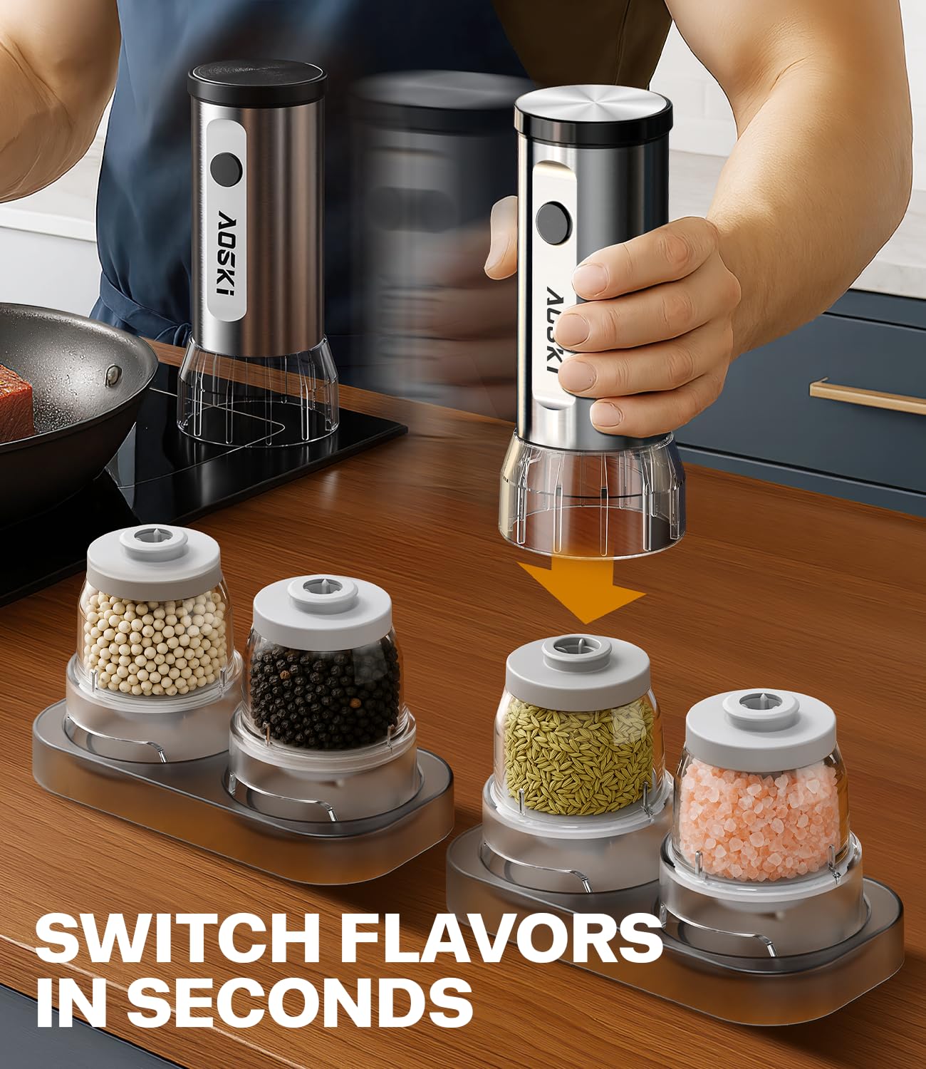 AOSKI interchangeable canisters enable quick spice swaps and prevent cross-flavor mix