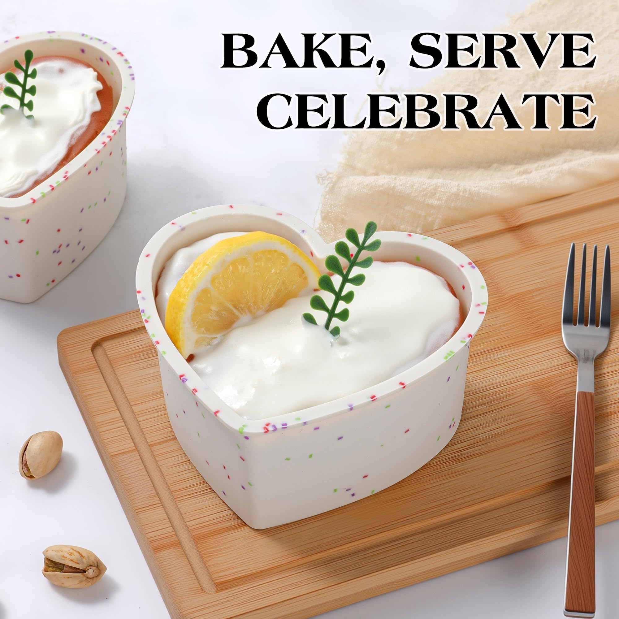 Three-piece AOTASO heart pan set in cream for diverse mini desserts.