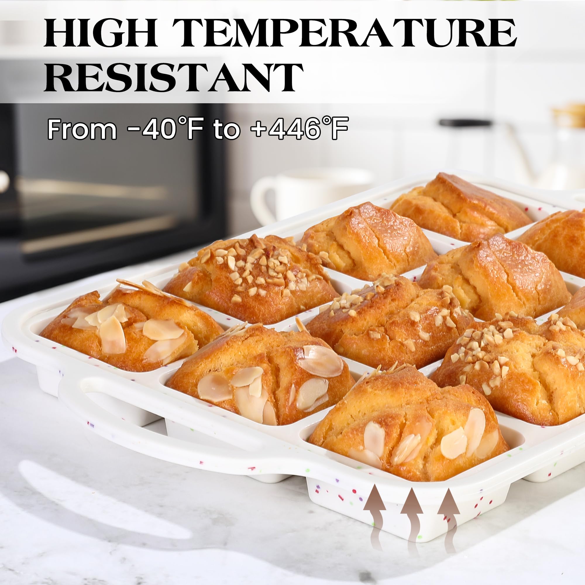AOTASO cream 12-cup pan shown as oven, fridge, freezer, and microwave safe