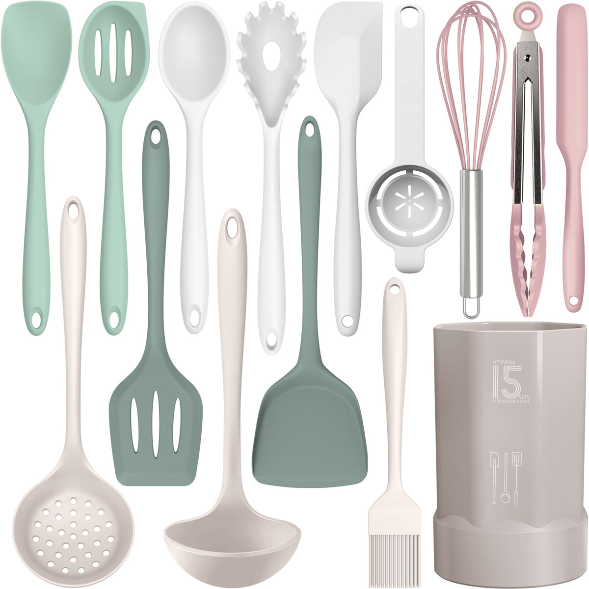 AOTHOD 15-piece silicone cooking utensils set for versatile daily cooking with safe, heat-resistant design.