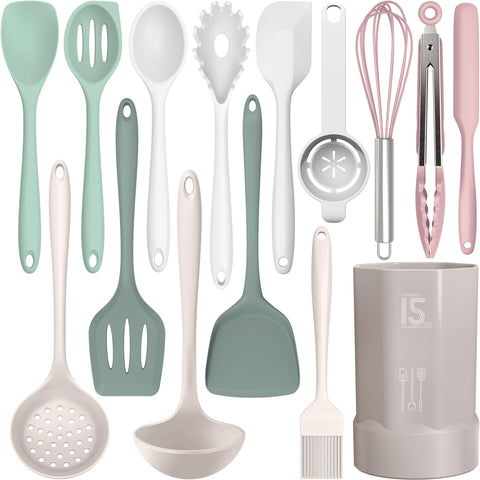 AOTHOD 15-piece silicone cooking utensils set for versatile daily cooking with safe, heat-resistant design.