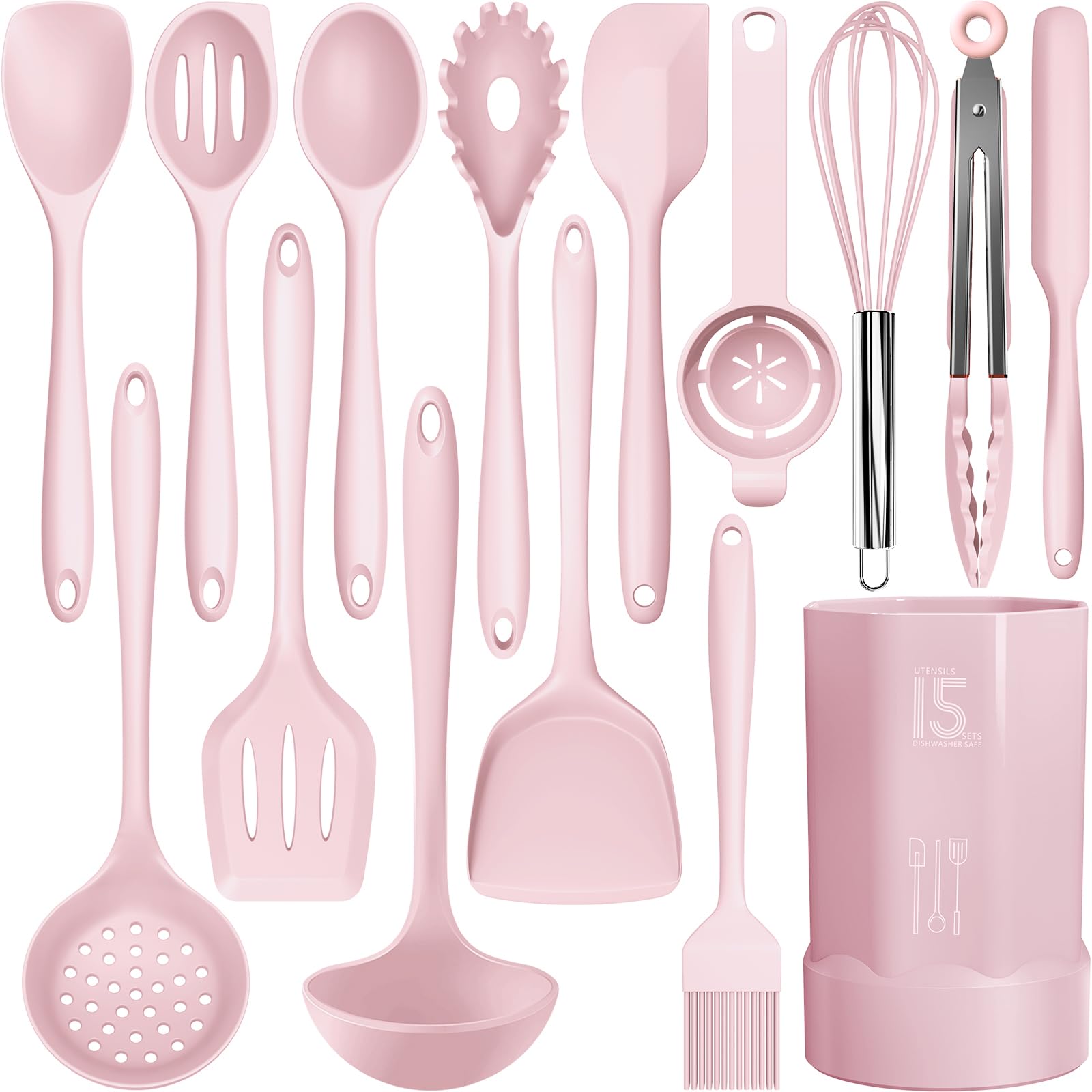AOTHOD silicone cooking utensils set in pink, heat resistant for nonstick cookware.
