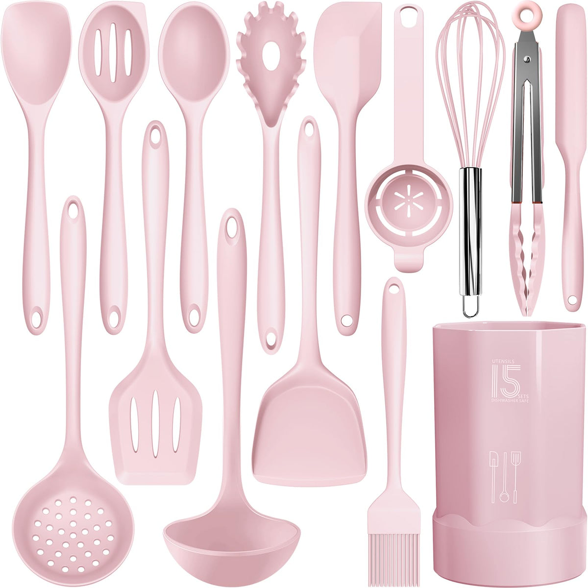 AOTHOD silicone cooking utensils set in pink, heat resistant for nonstick cookware.