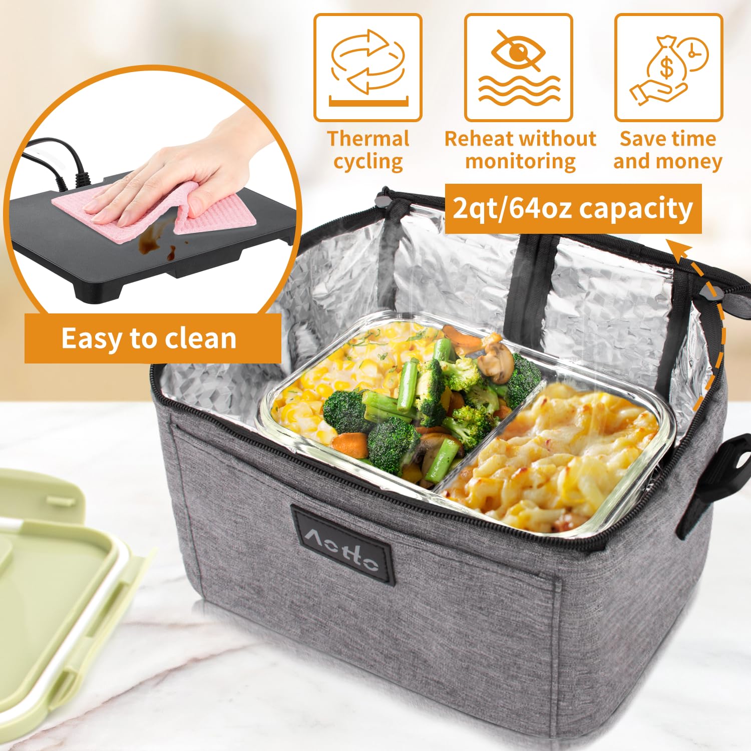 Aotto portable oven showing compatibility with glass, stainless steel, and other containers.