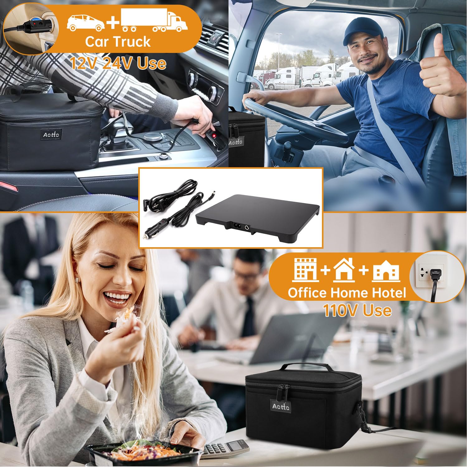 Aotto portable oven in car setup demonstrates versatility for travel lunches.