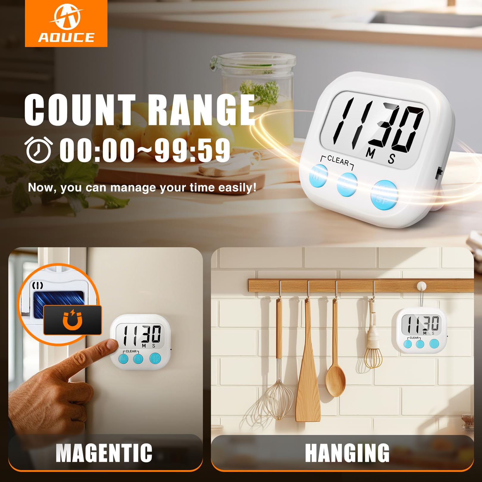 AOUCE magnetic-back timer sticks to metal surfaces for quick access.