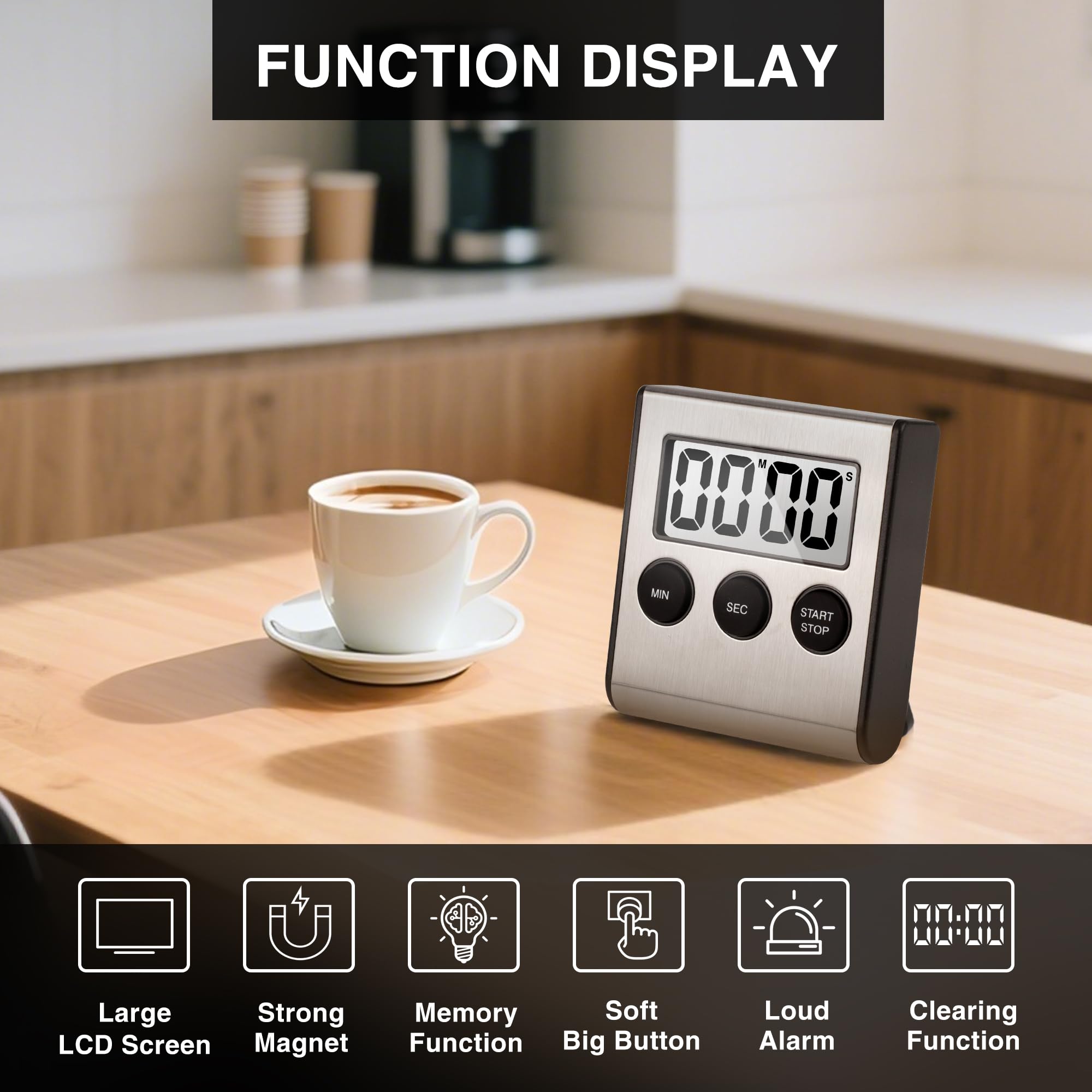 AOUVES stainless steel timer with large numbers for easy reading.