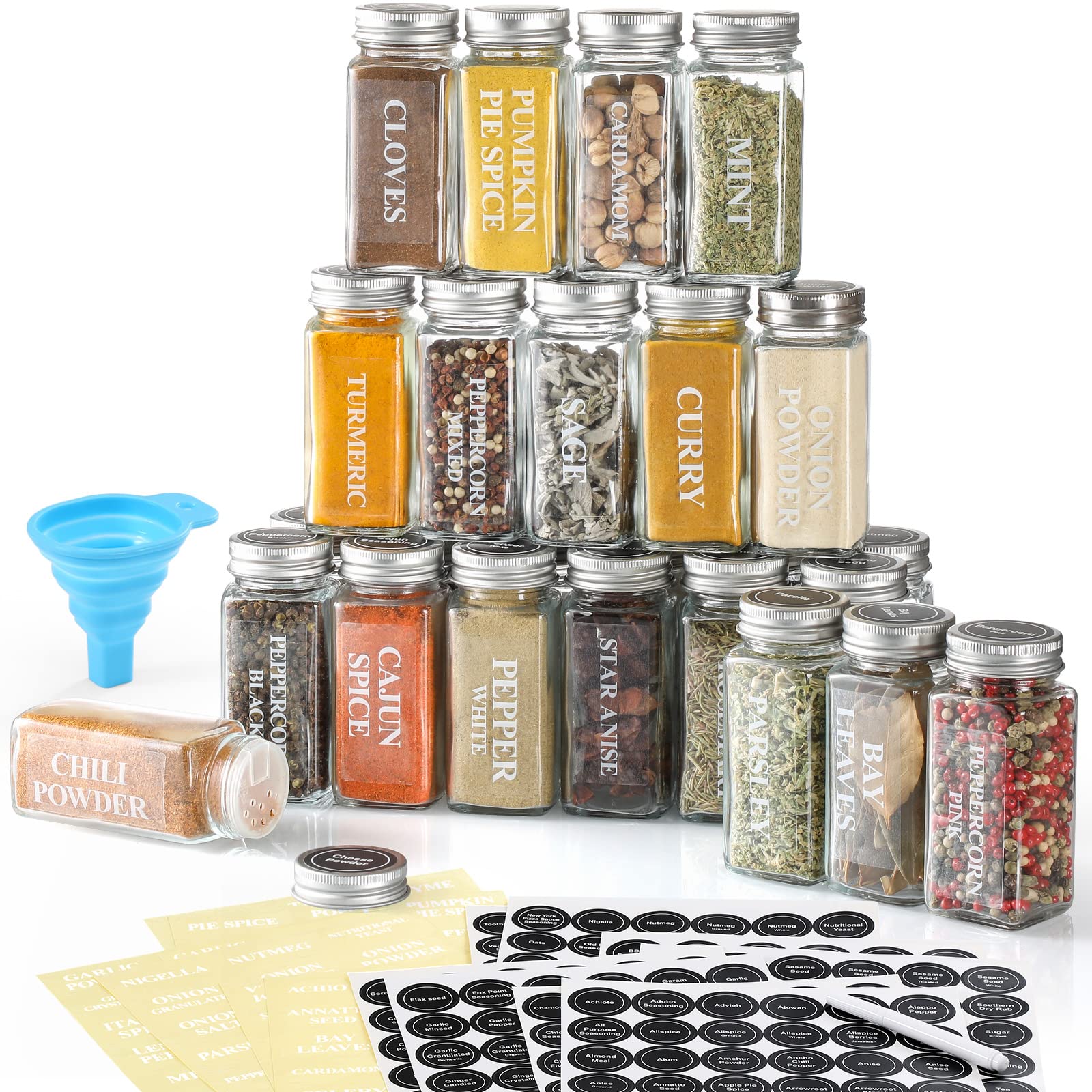AOZITA 24-pcs glass spice jars set for organized spice storage and easy viewing.