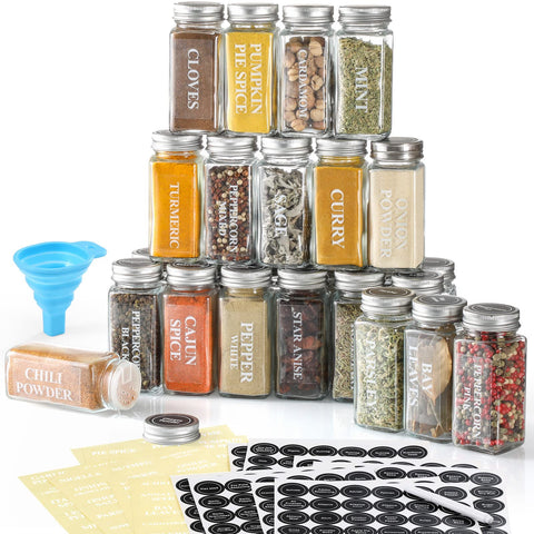 AOZITA 24-pcs glass spice jars set for organized spice storage and easy viewing.