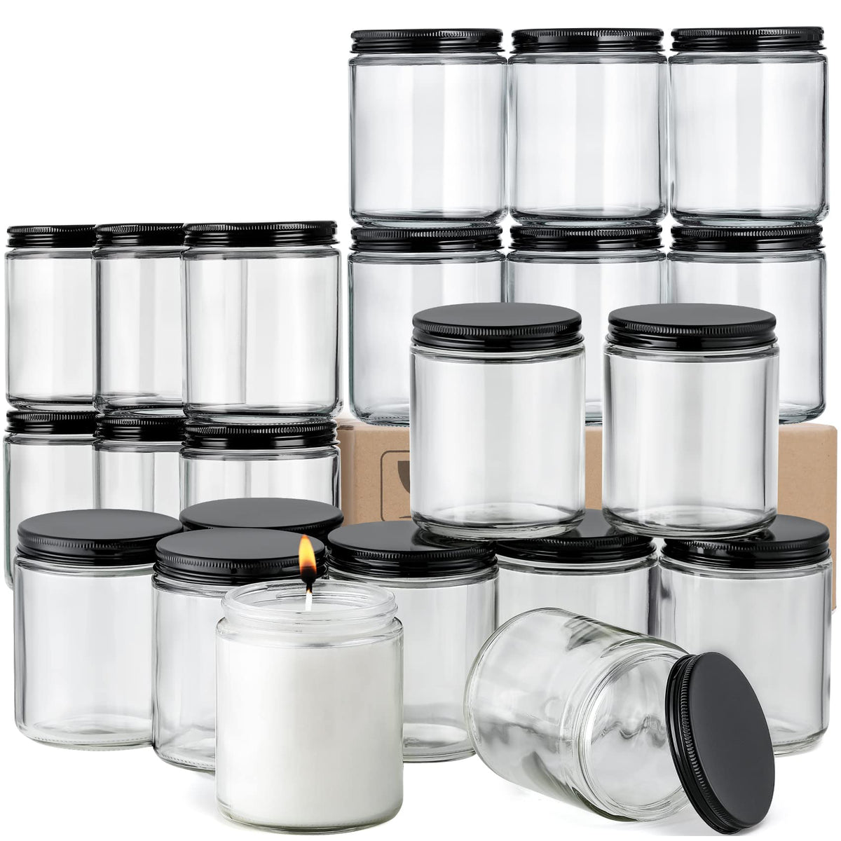 AOZITA 24-pack glass jars with metal lids shown for spice and sample storage.
