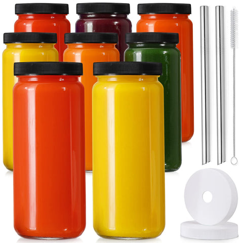 AOZITA 8-pack glass bottles show 16oz capacity for fresh beverages on the go