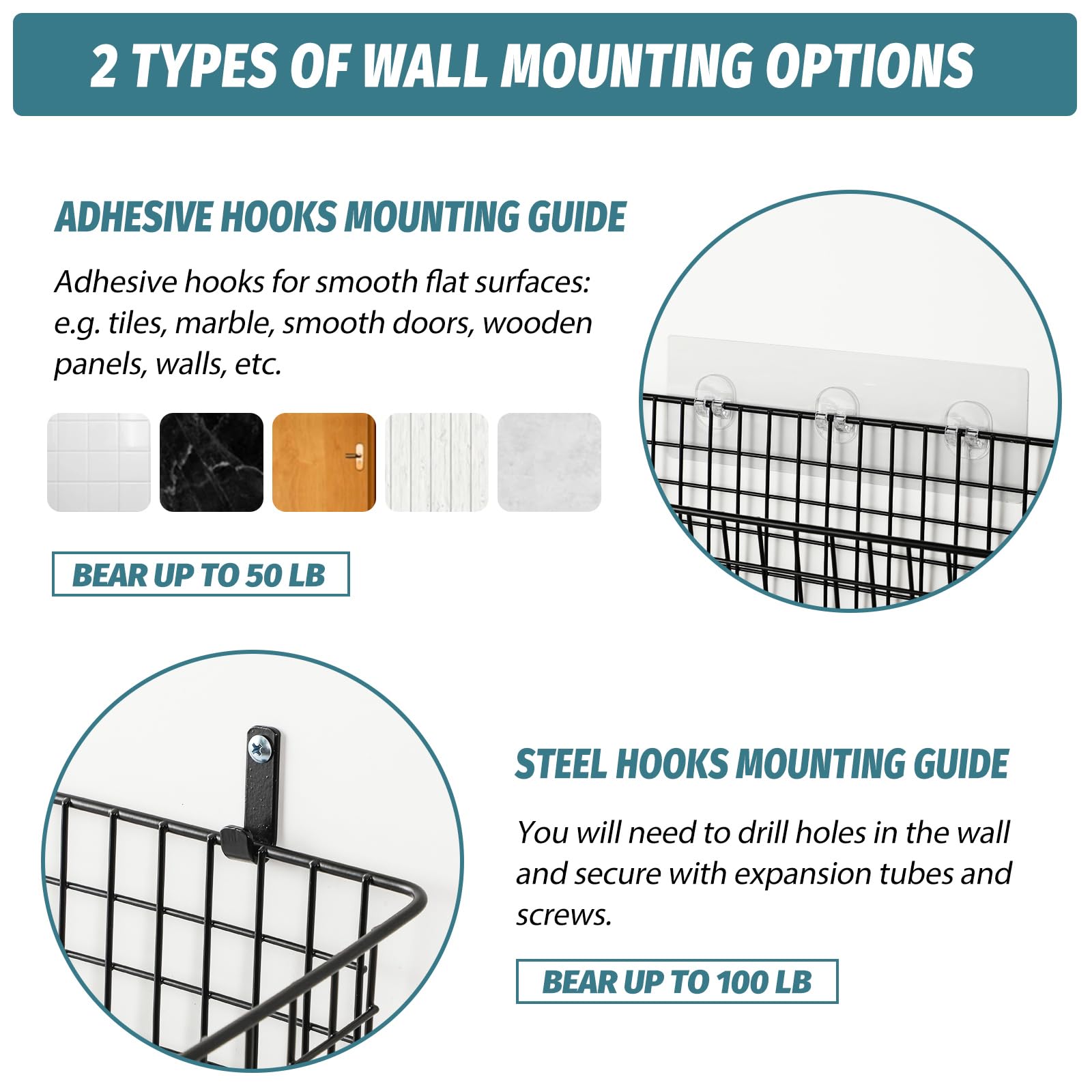 AOZITA adhesive-hook mounting option ideal for smooth surfaces.