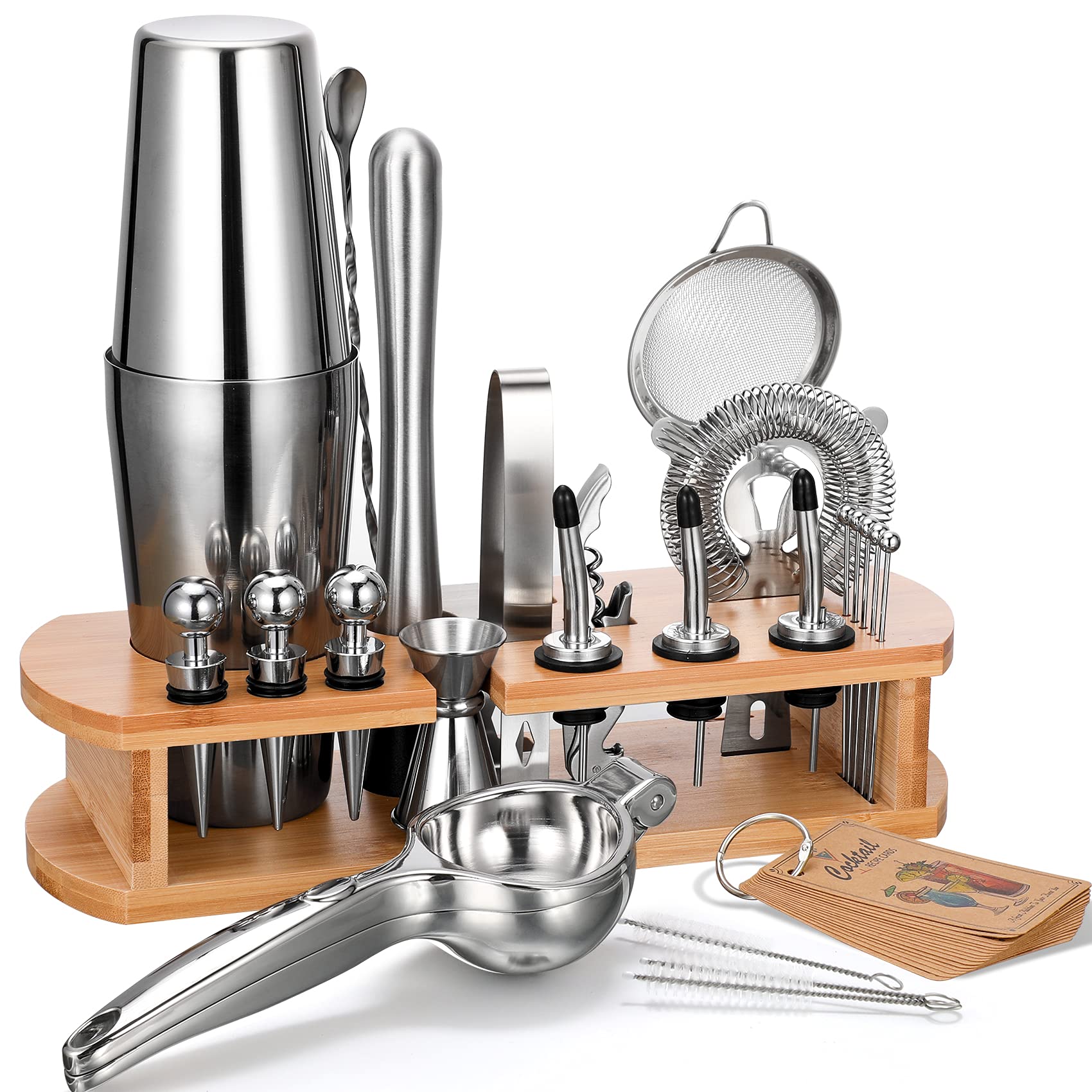 AOZITA cocktail kit on bamboo stand for easy countertop access and organization.