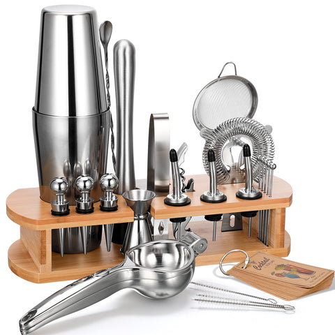 AOZITA cocktail kit on bamboo stand for easy countertop access and organization.