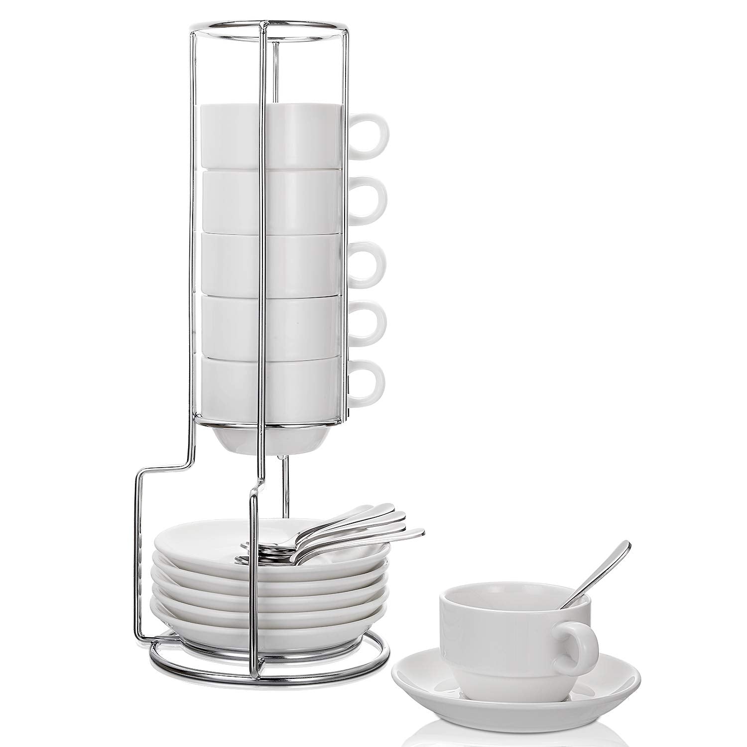 AOZITA espresso cups with saucers and rack on a stylish table for elegant service.