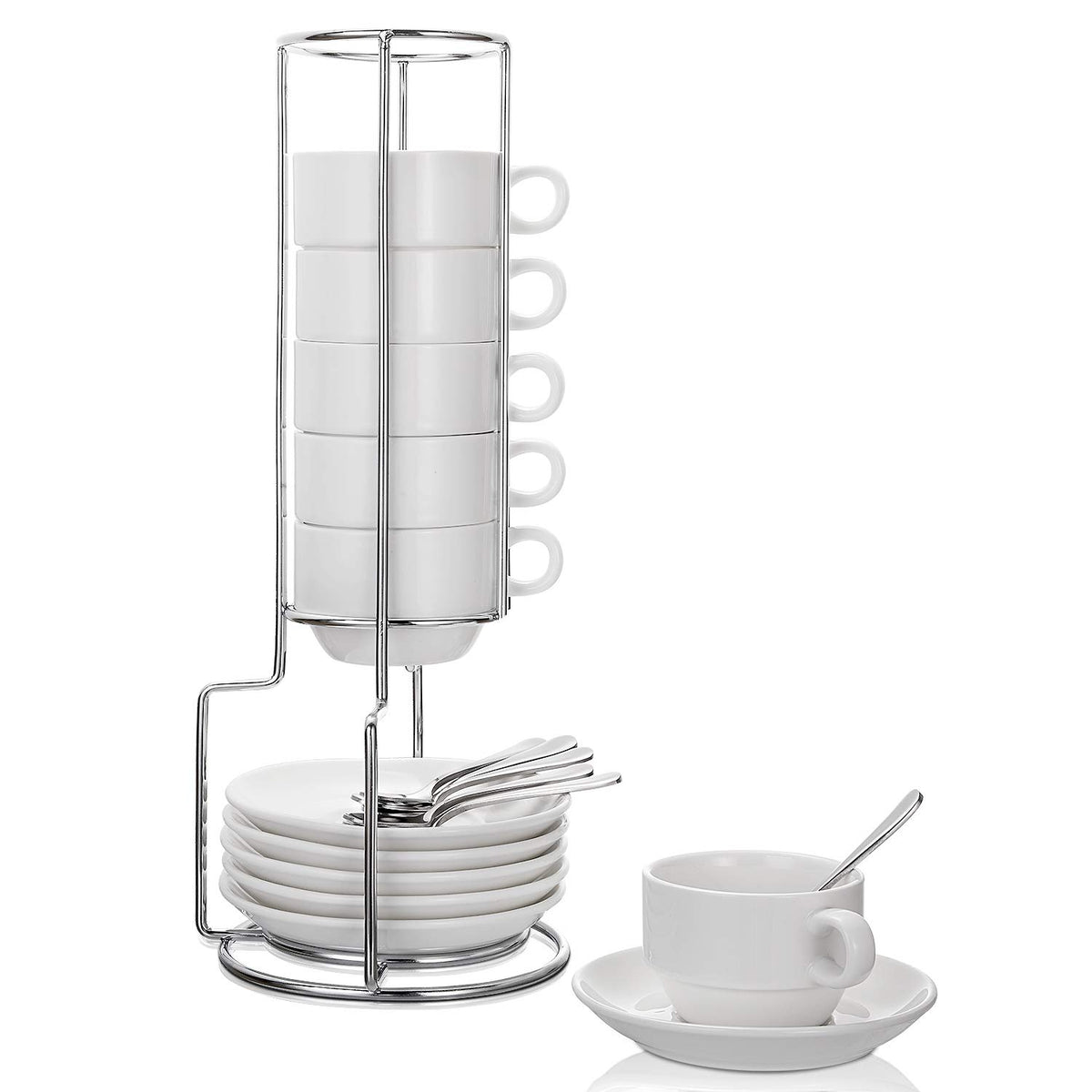 AOZITA espresso cups with saucers and rack on a stylish table for elegant service.