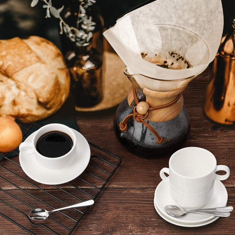 AOZITA modern espresso set displayed on a stainless rack for display.