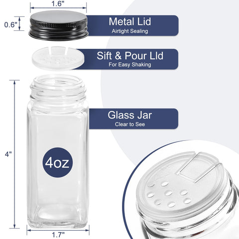 AOZITA clear glass spice jars on rack for easy identification.