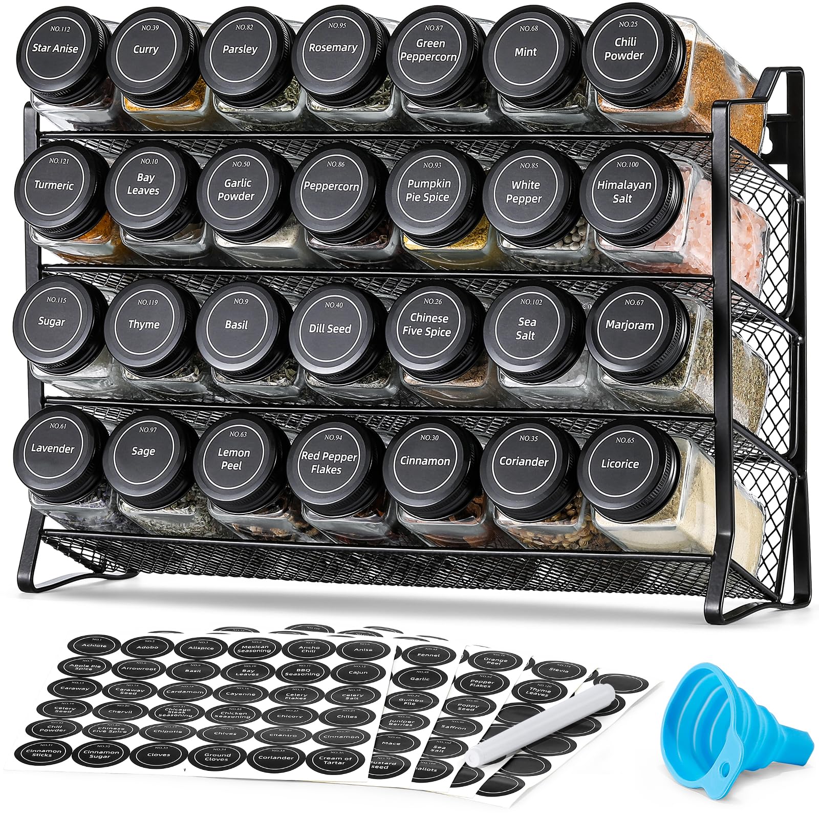 AOZITA 4-tier spice rack front view with labeled jars for quick access.