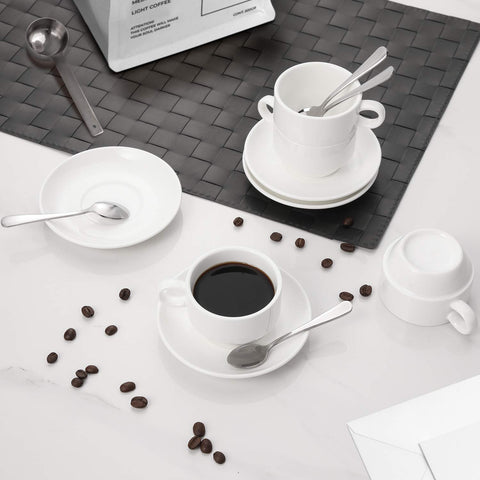 AOZITA stackable porcelain espresso mugs saving space on a shelf.