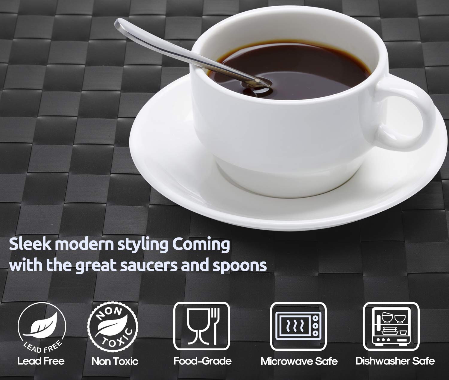 AOZITA stainless steel espresso spoons paired with porcelain cups for easy stirring.