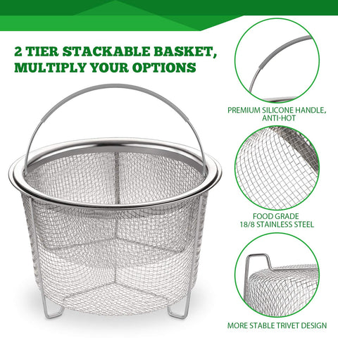 Two-tier AOZITA basket stacked to cook vegetables and grains together