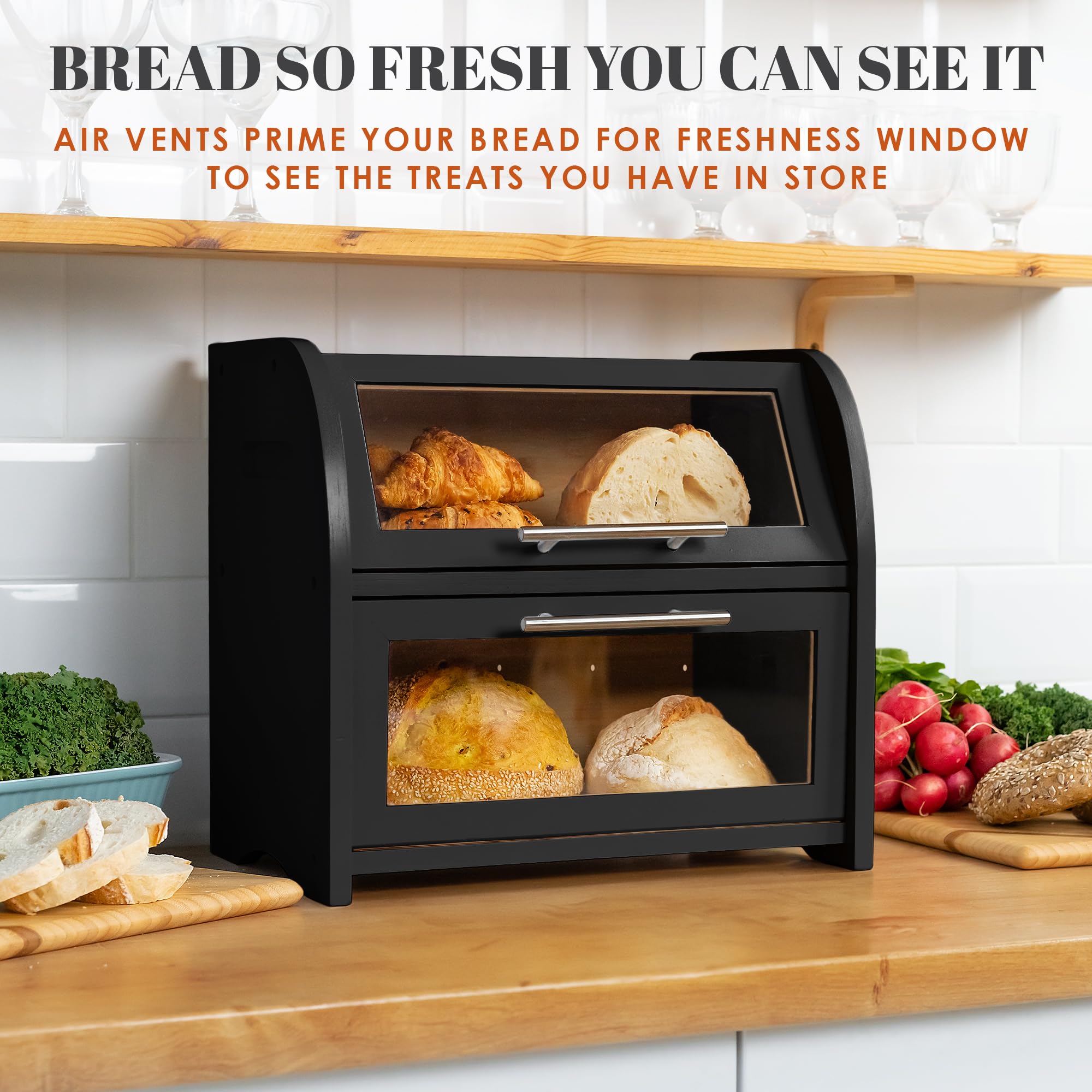 Apace Living Arise bamboo bread box shows bread through clear windows for easy meal prep.