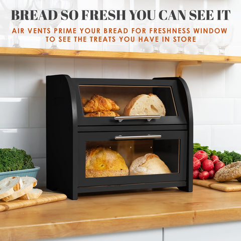 Apace Living Arise bamboo bread box shows bread through clear windows for easy meal prep.
