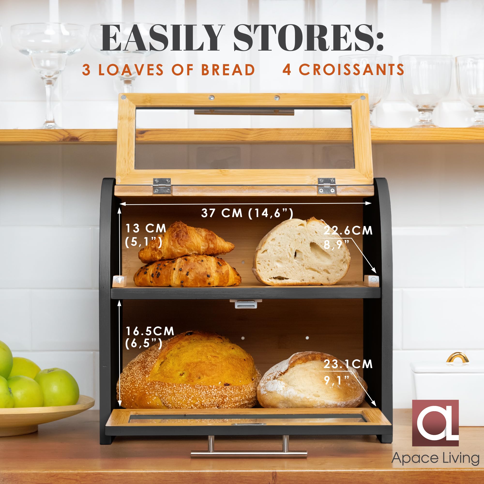 Apace Living Arise raised-base bread box protects counters from spills while keeping bread accessible.
