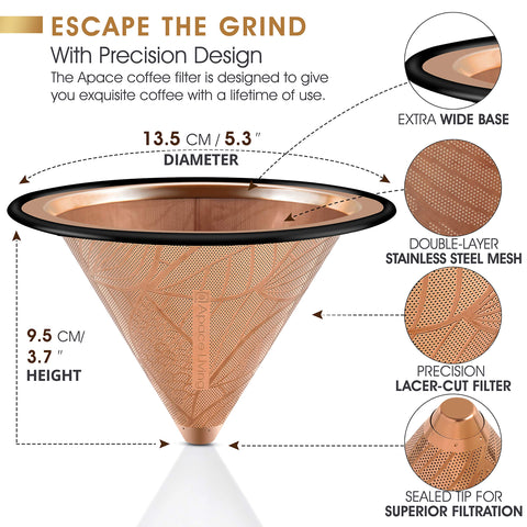 Apace Living stainless steel dripper with wide metal base on a mug.