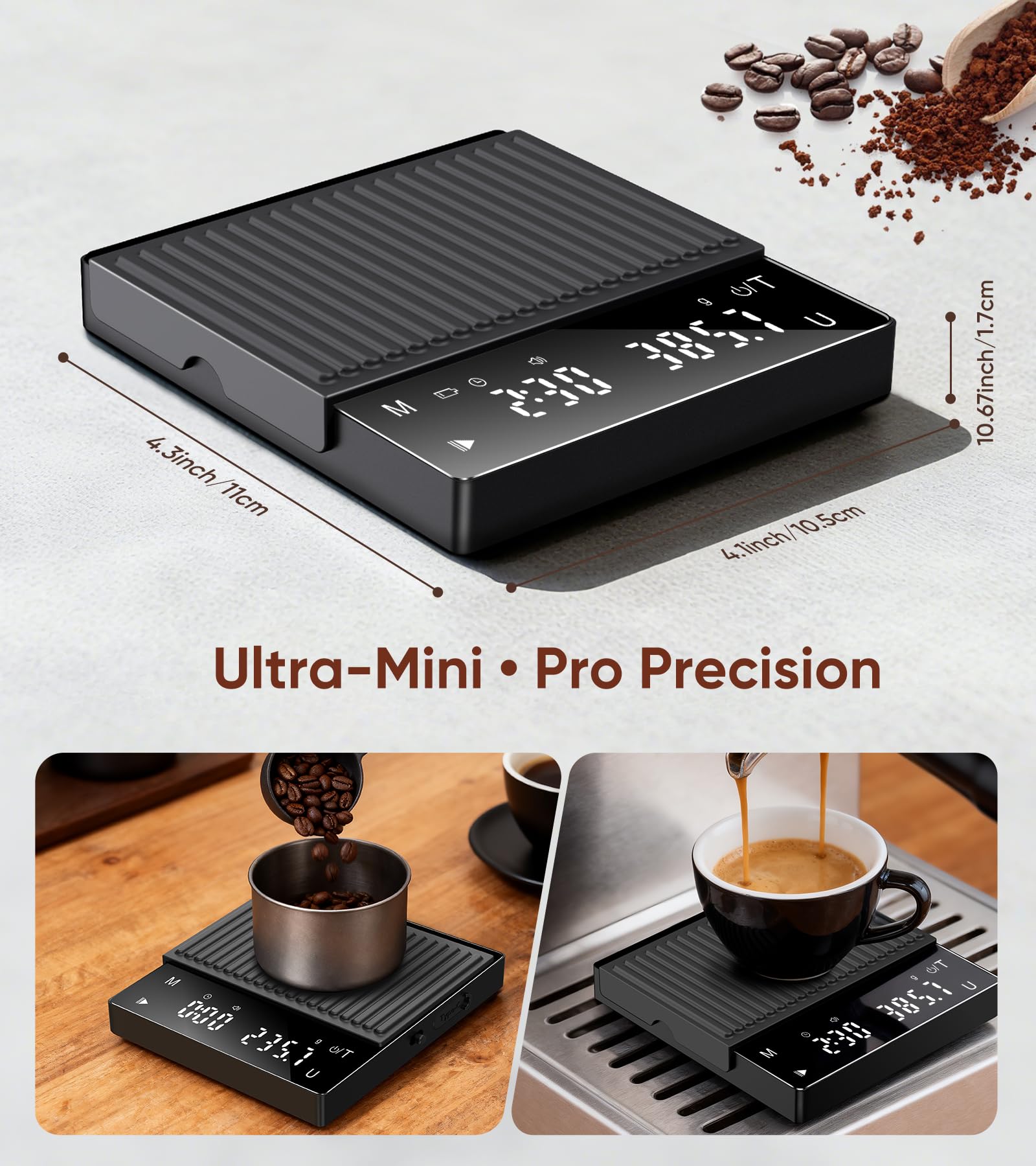 ApeWeghr Rechargeable Coffee Scale top view, compact design fits under espresso machines.