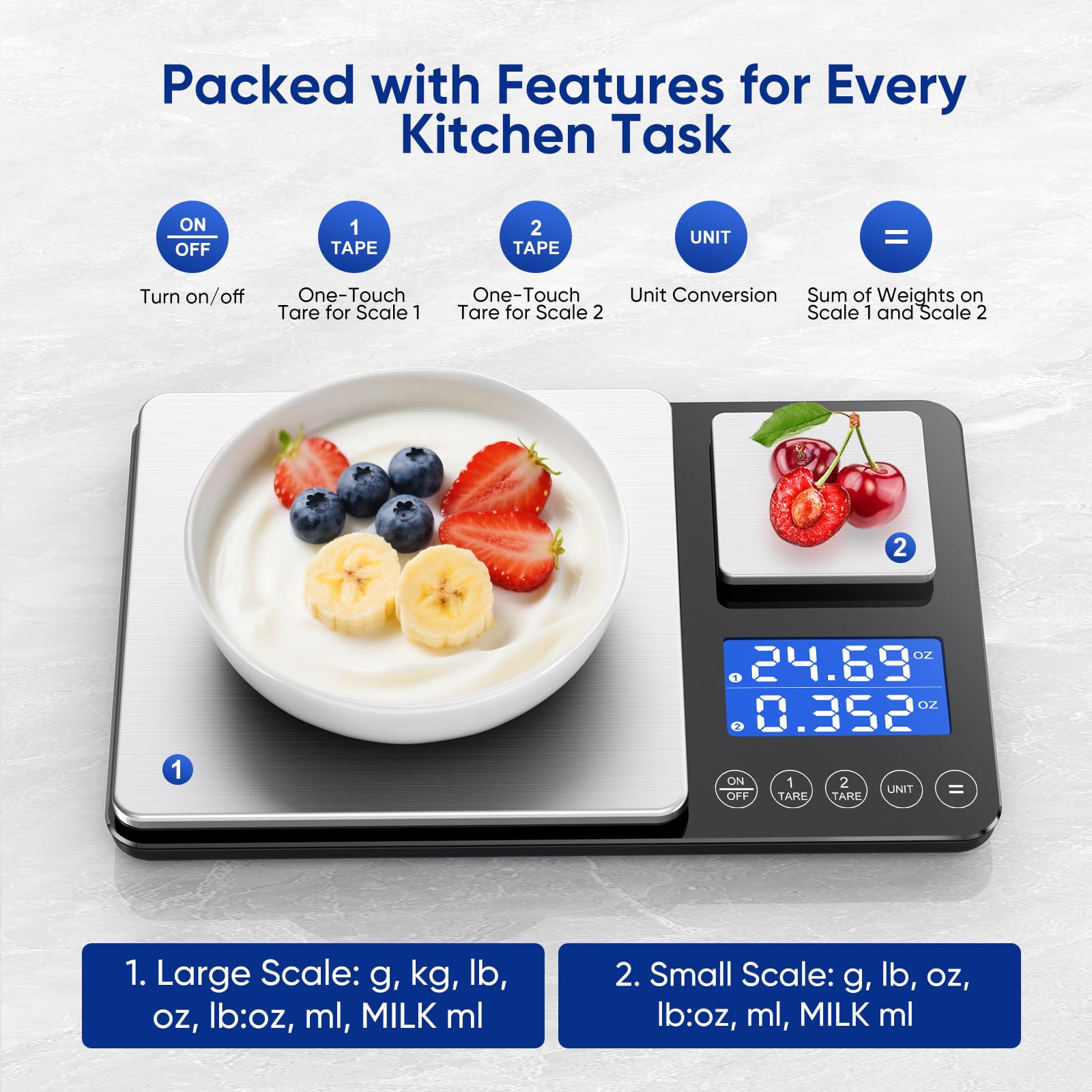 ApeWeghr tare and totalize function simplifies ingredient weighing without counting containers.
