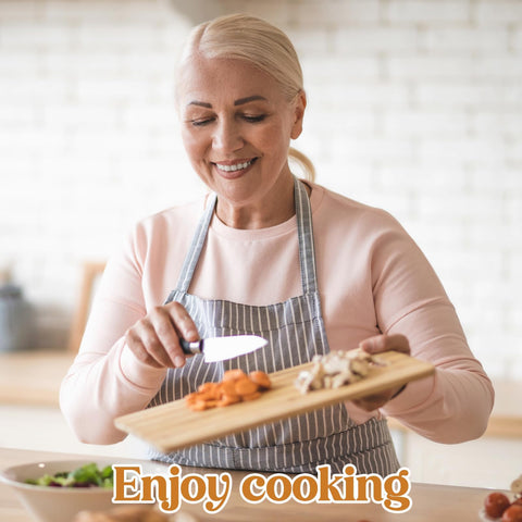 Apjielop grandma cutting board in use for vegetables and cheese.