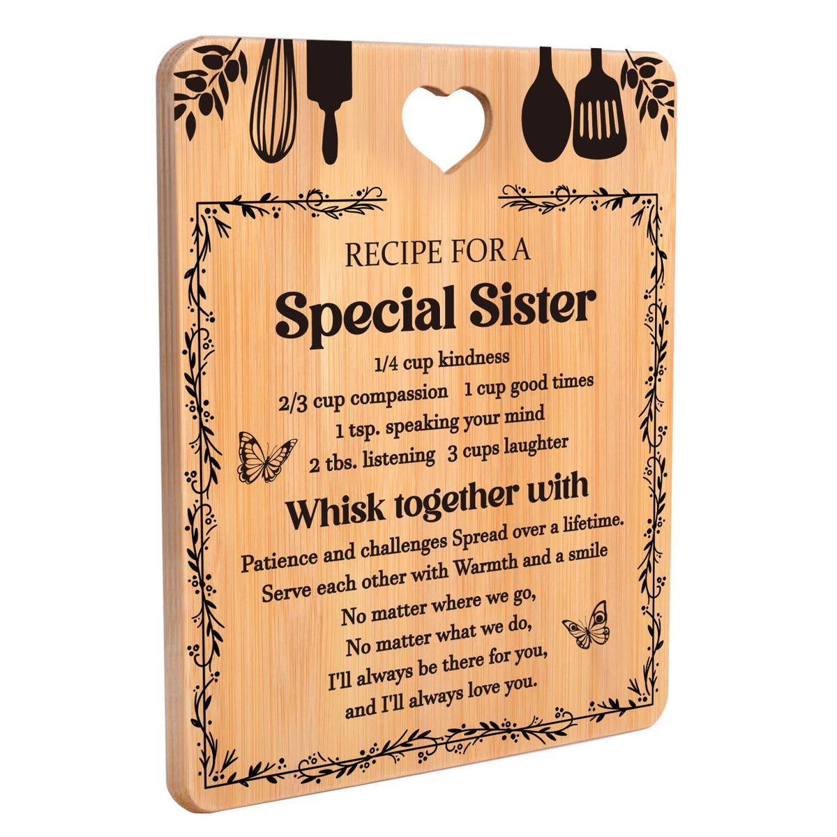 Apjielop cutting board with engraved text and floral design for a heartfelt sister gift.