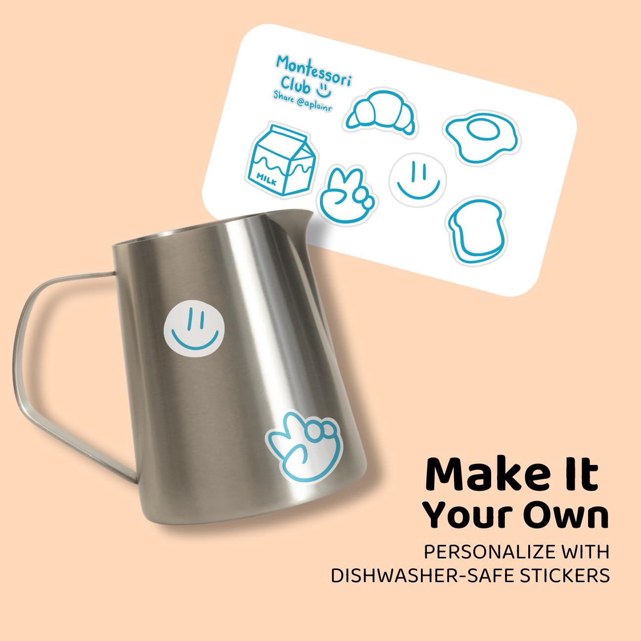 APLAINR pitcher with waterproof stickers for personalized mealtimes.