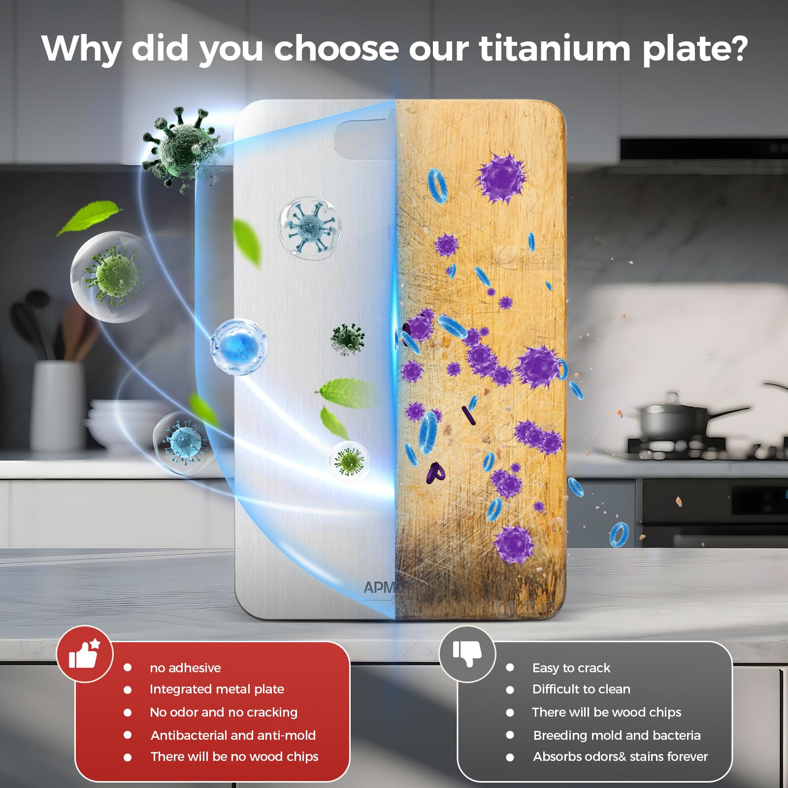 APMRQIB titanium cutting board built from a single piece for lasting durability