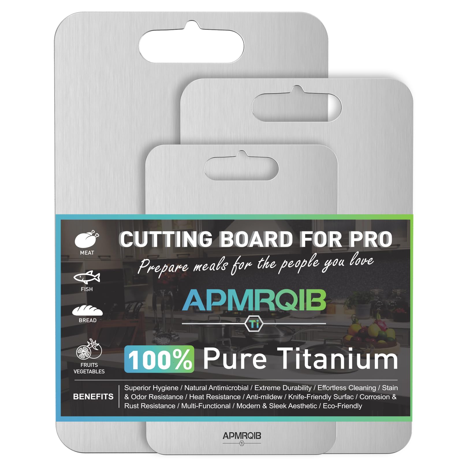 APMRQIB titanium cutting board set top view for large cuts and easy cleanup.