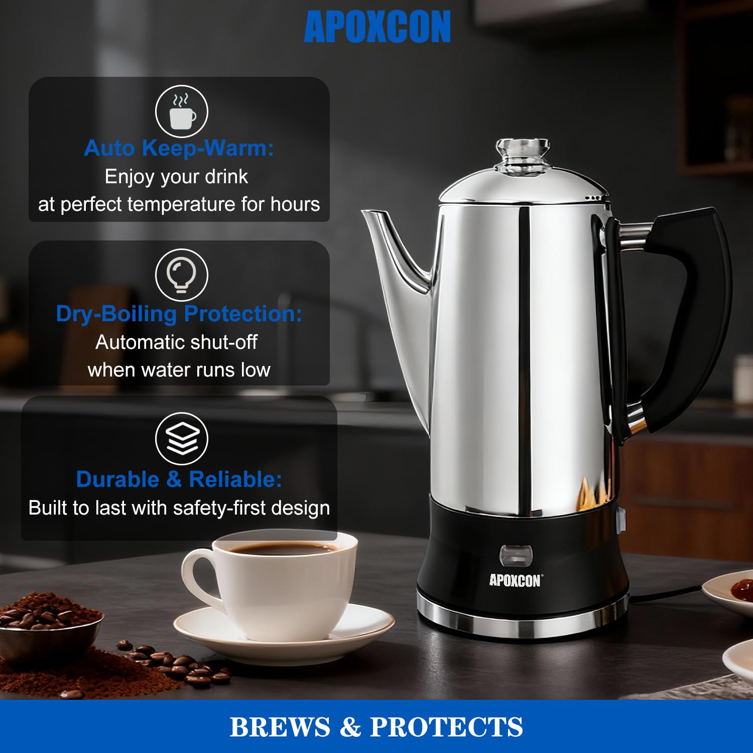 APOXCON cool-touch handle ensures safe, comfortable pouring