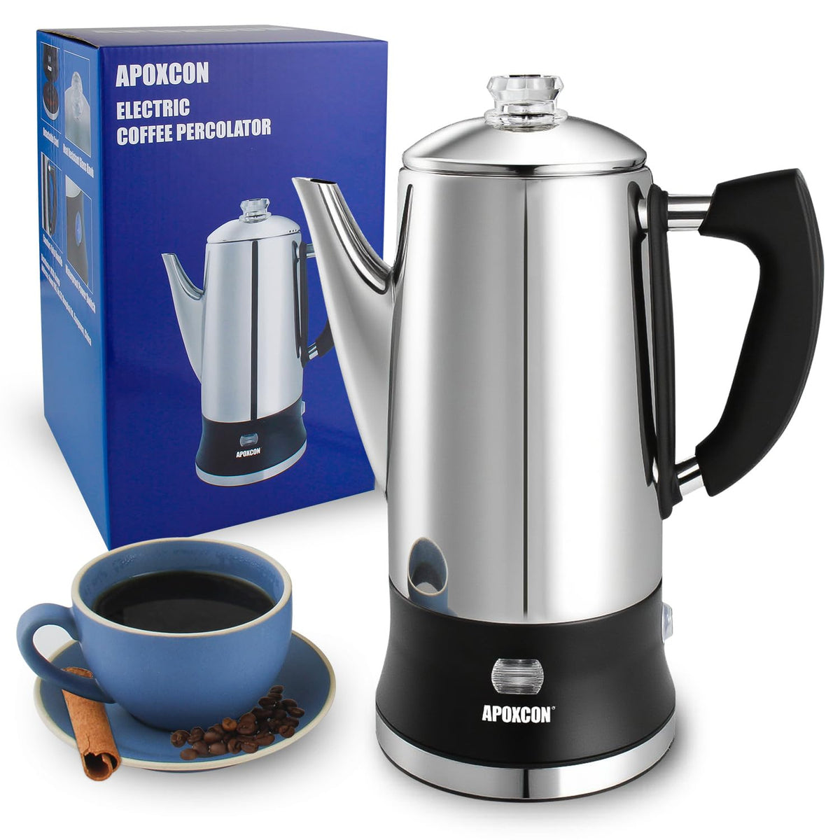 APOXCON electric coffee percolator front view showing 12-cup capacity ideal for entertaining