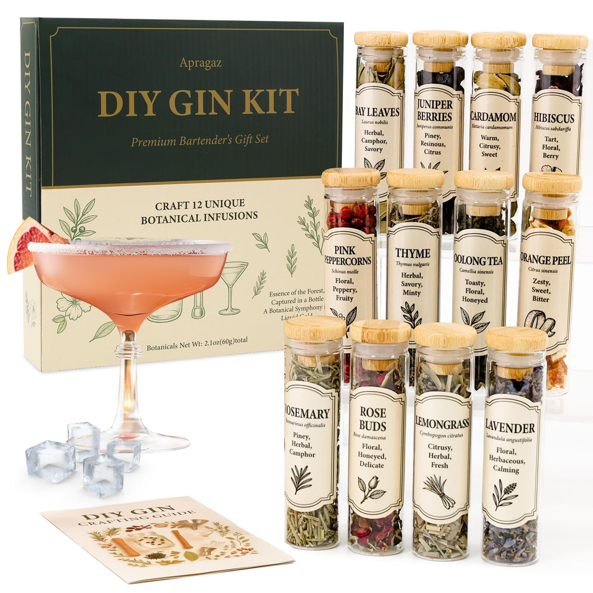 Apragaz gin making kit botanicals collection displays premium ingredients ready for infusion