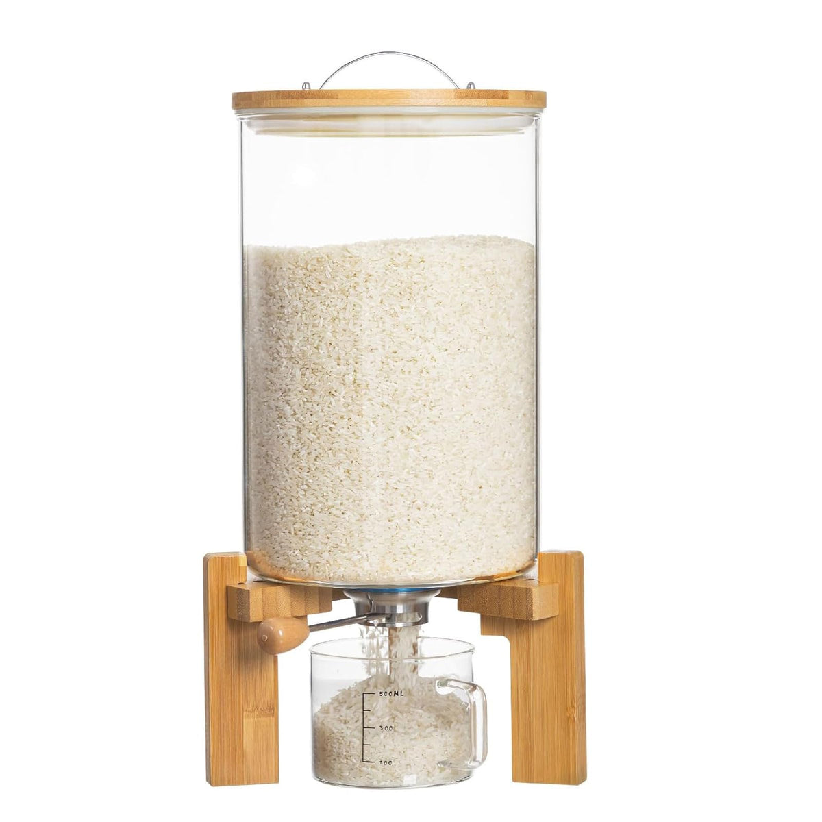 Aprilhp rice dispenser in glass with wooden stand for pantry organization