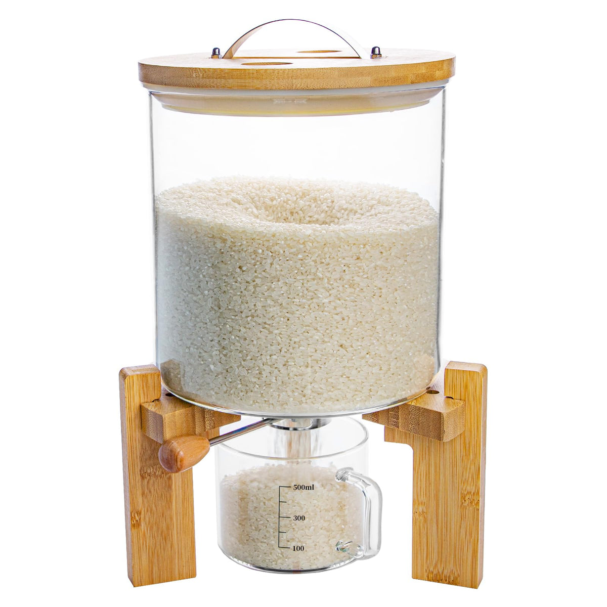 Aprilhp rice dispenser with glass body, ideal for dry goods visibility and easy refills.