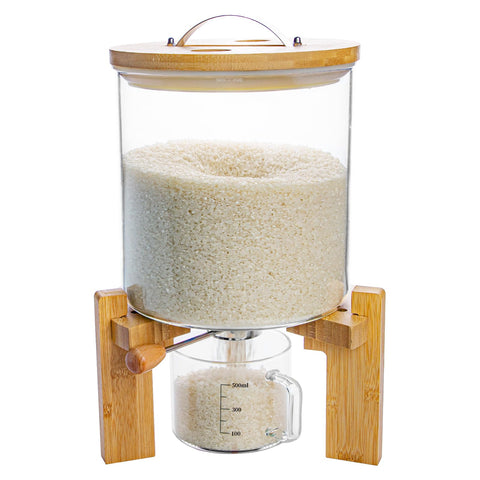 Aprilhp rice dispenser with glass body, ideal for dry goods visibility and easy refills.