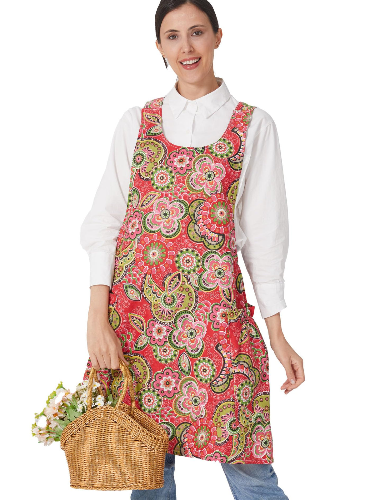 APRONNER Cozy Cross Back Apron with red flowers, front view for stylish cooking.