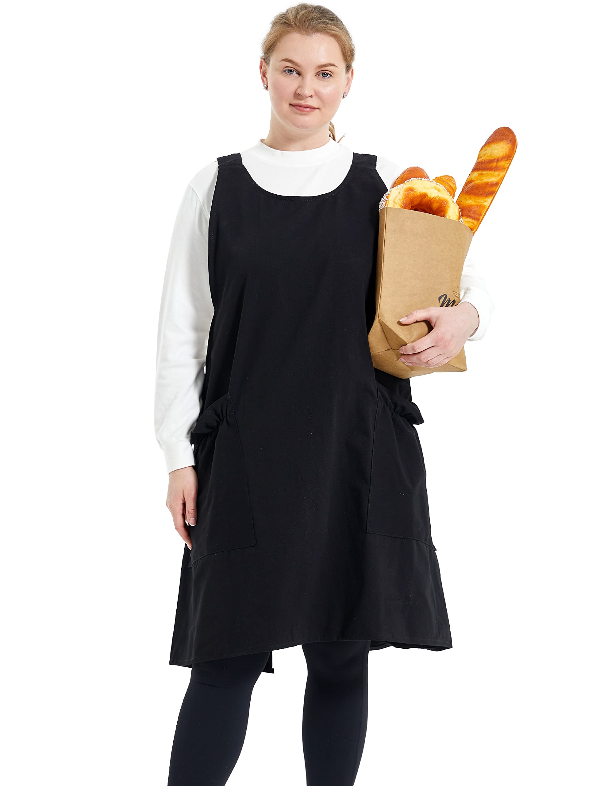 APRONNER cross-back plus-size linen apron with front pockets for secure storage during cooking.